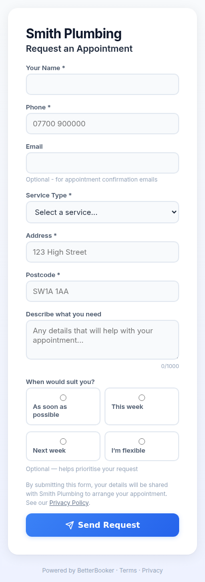 BetterBooker customer booking form on mobile