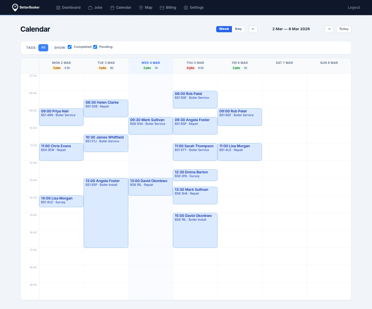 Calendar view showing confirmed bookings across the week