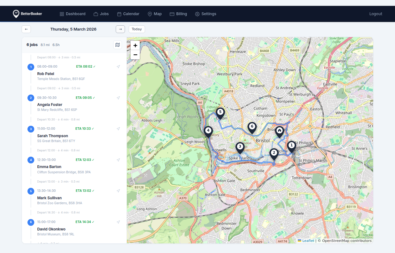 BetterBooker route planner showing optimised driving route between jobs