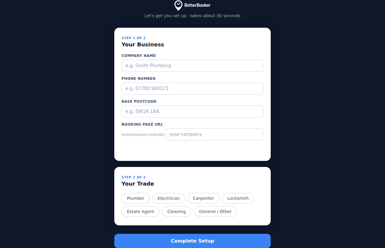 Setup page showing company name, trade selection and booking URL